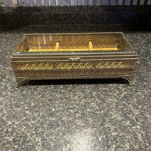 Ormolu Filigree Mid Century Jewelry Box. Vanity, bathroom, vintage storage.